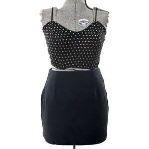 Vintage 1980s Medium/Large Black Gold Cropped Top Mini Skirt Club Party Outfit